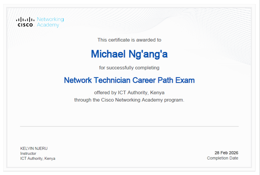 Cisco Network Technician Career Path certification badge featuring blue and white colors with Cisco logo and credential details